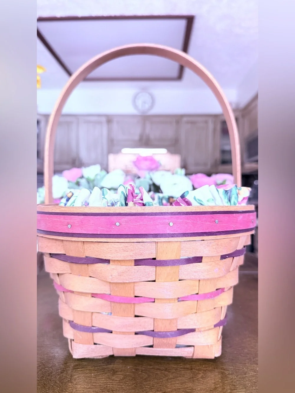 Vintage 1995 Longaberger Easter Basket with Floral Liner and Ceramic Charm